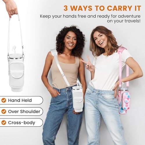 BOCMTR Water Bottle Holder with Strap for Stanley 30/40 oz Tumbler, Fashion Stanley Cup Bag with Big Phone Pocket, Silicone Boot, Straw Cover & Leak Proof Stoppers (White) - Thumbnail 2