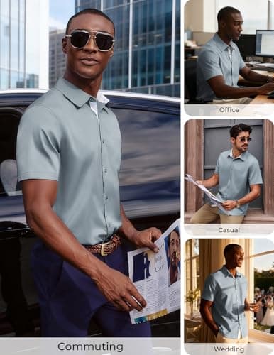PJ PAUL JONES Shirt for Men Short Sleeve Slim Fit Dress Shirts Casual Button Up Untucked Shirts for Wedding Grey S - Thumbnail 4