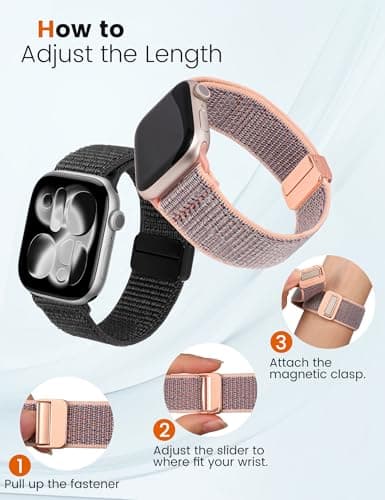 Crodi 2 Packs Nylon Loop Sport Bands Compatible with Apple Watch Band 44/45/46/49/42mm Women Men, Strong Magnetic Adjustable Straps for iWatch Series 11 10 9 8 7 6 5 4 SE/Ultra 3 2 1, Black&Pink Sand - Thumbnail 4