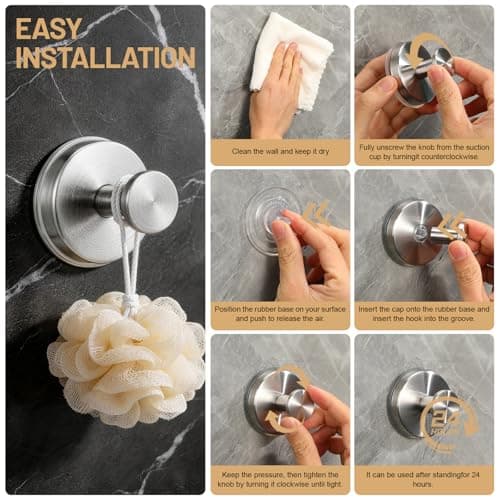 Fenas Large Suction Cup Hooks, Heavy Duty 15lb Holds Towel & Robe, No-Drill Shower Bathroom Hooks for Tile Wall Glass Mirror, Mounts on Smooth Non-Porous Surfaces (2 Pack, Brushed Nickel) - Thumbnail 6