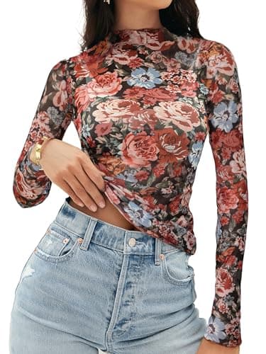 MEROKEETY Womens Mesh Sheer Lace Long Sleeve Tops 2026 See Through Mock Neck Shirt Fashion Blouses Date Night Outfit Clothes, Floral, Small Multicolor - Image 1