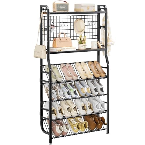 POKIPO Shoe Rack Wall Mount, 4-Tier Narrow Shoe Organizer with 14 Storage Hooks, Large Capacity Shoe Shelf Holds 15 Pairs, Metal Hall Tree with Shoe Storage, Space Saving for Entryway Hallway Mudroom