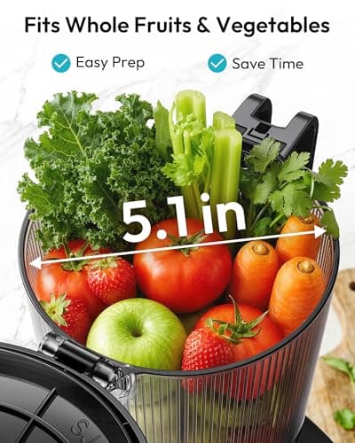 Cold Press Juicer, EUHOMY 5.1" Wide Feed Chute Juice Extractor Machine with 400W, High Juice Yield, Slow Masticating Juicer for Whole Vegetables & Fruits - Thumbnail 2