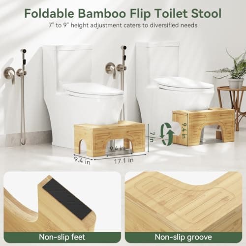 Foldable Toilet Stool Squat for Adults and Kids, 7" & 9" Adjustable Heights Bamboo Flip Poop Stool with Anti-Slip Layer for Bathroom - Improve Squatting Posture[No Installation Required] - Thumbnail 2