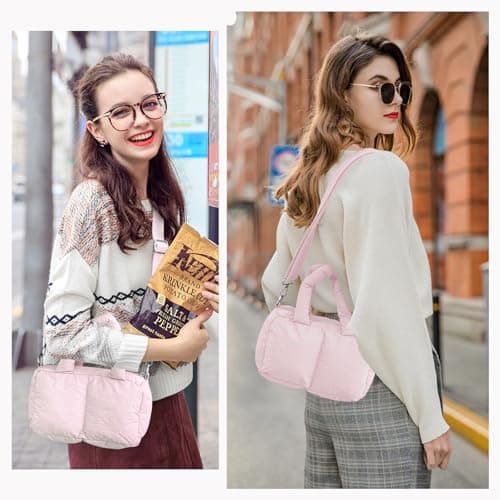 JHhomezeit Small Puffer Bag for Women, Crossbody Puffer Tote Bag Quilted Puffy Bags Satchel Shoulder Purse Fluffy Handbag Pink - Thumbnail 2