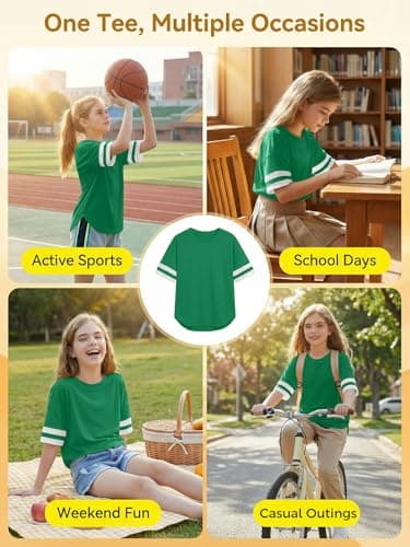 ZDC Girls Striped Short Sleeve T Shirts Kids Crewneck Loose Fit Tunic Tops Summer Tees Blouses 5-14 Years Green - Thumbnail 5