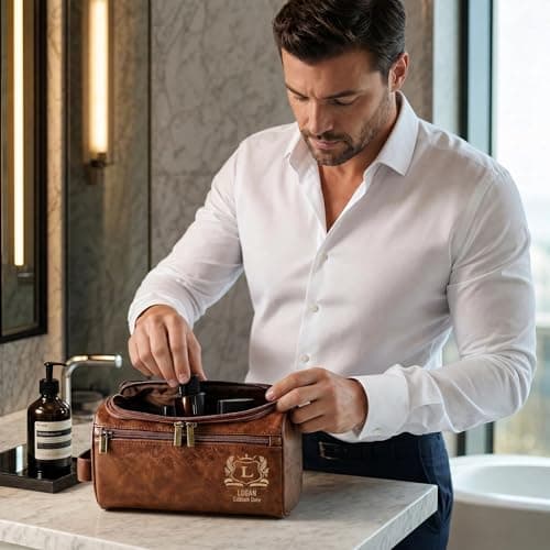 VBAIFAyy Personalized Leather Toiletry Bag for Men, Custom Engraved Hanging Dopp Kit with Name, Waterproof Travel Shaving Organizer, Durable Multi-Pocket Gift for Dad Husband Uncle Groomsmen Christmas - Thumbnail 3