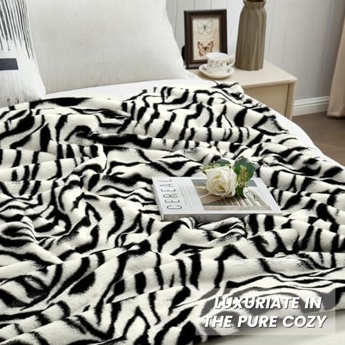 JONIYEAR Soft Fluffy Zebra Print Faux Rabbit Fur Throw Blanket 50" x 60", Luxury Cozy Shaggy Fuzzy Blankets, Reversible Cute Warm Animal Printed Blanket for Women Winter,Washable,Cream White and Black - Thumbnail 2
