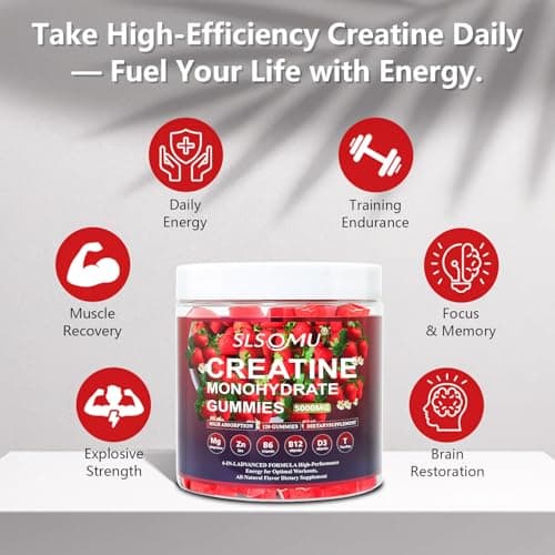 Slsomu Creatine Gummies for Women, 5000mg Pre-Workout Muscle Strength & Energy Support, 0 Sugar Creatine Gummy with L-Taurine, Zinc, B12 B6, Strawberry Flavor, Vegan - 120 Gummies - Thumbnail 6