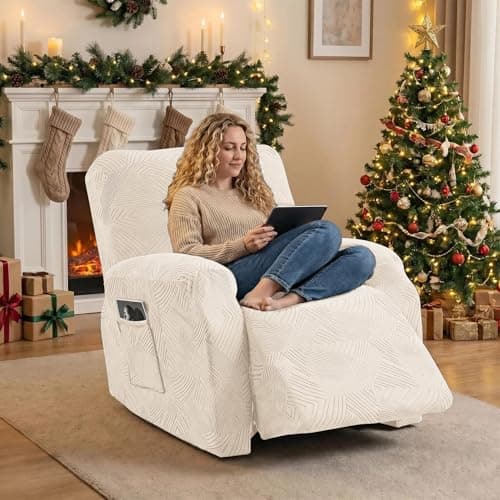 Cushonix Recliner Chair Covers,4-Piece Stretch Geometric Strokes Jacquard Reclining Chair Slipcovers,Furniture Protector with Side Pocket,Soft Breathable Couch Cover Pet-Friendly,1 Seater Beige - Thumbnail 5
