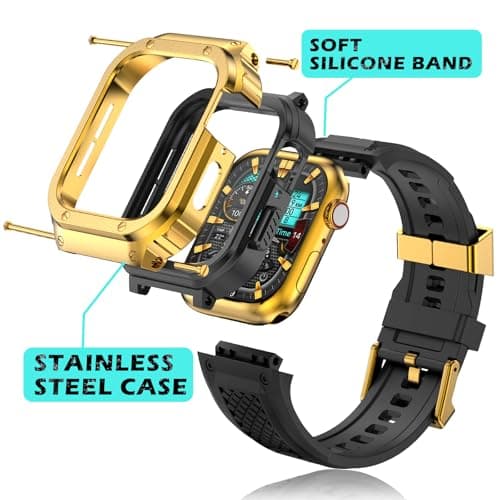 Deczone Band with Stainless Steel Case Compatible with Apple Watch Series 9 8 7 45mm Band, iwatch Bands Rugged Metal Protective Cover for Men (Gold) - Thumbnail 2
