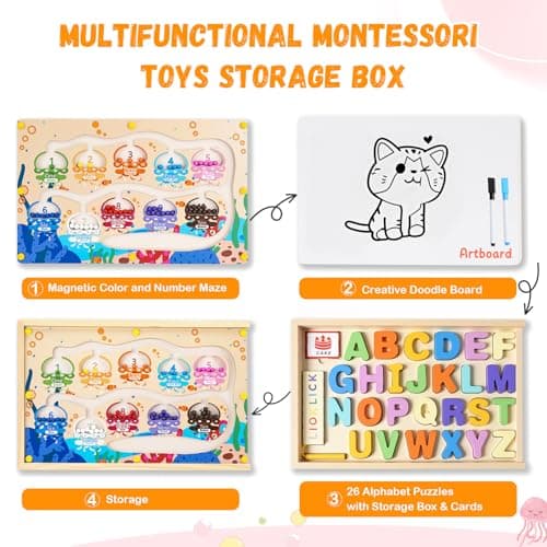 LIOKLICK 4-in-1 Magnetic Color and Number Maze Toys Box with Alphabet Puzzles Drawing Board, Wooden Storage Montessori Toy for 3-5 Year Old, Toddlers Educational Learning Toy Gifts for Kids Boys Girls - Thumbnail 2