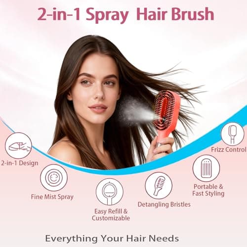 Hair Brush with Water Spray Mister - 2-in-1 Detangling Brush with Built-in Fine Mist, Portable Wet & Dry Styling Tool for Smooth, Frizz-Free Hair - Quick Refresh for Women & Girls On-The-Go(1 Orange) - Thumbnail 2