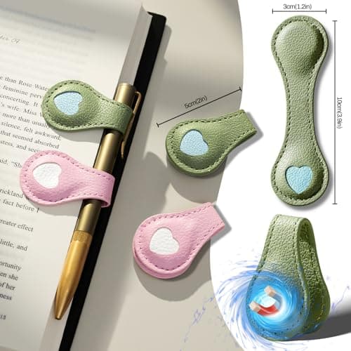 2Pcs Magnetic Leather Bookmarks with Gift Box Magnetic Pen Holder Book Marks Clip Gift for Book Lover Readers Men Women Teachers Students, Heart (Pink+Green) - Thumbnail 3