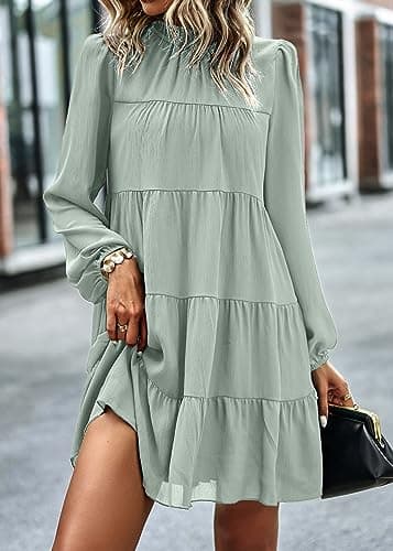 KIRUNDO Long Sleeve Baby Doll Dresses Women 2026 Casual Spring Summer Ruffle Mock Neck Tiered Mini Flowy Swing Shift Dress(Light Green, X-Large) - Thumbnail 4
