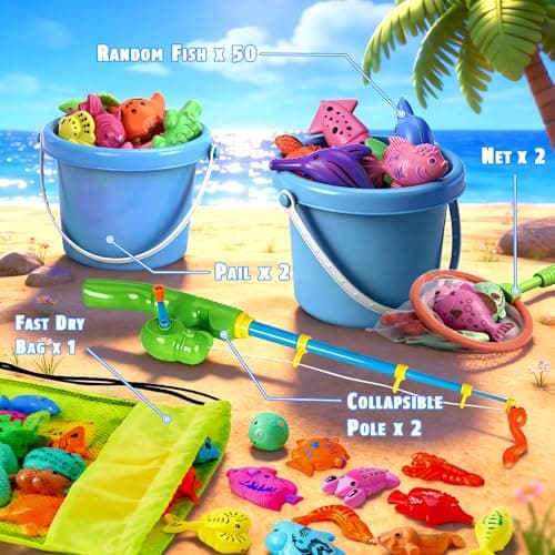 CozyBomB™ Magnetic Fishing Toys Game Set for Kids | Water Table Bathtub Kiddie Pool Party Pole Rod Net, Outdoor Plastic Floating Fish, Toddler Bath Color Ocean Sea Animals Easter Gift Age 3-5 6 4-8 - Thumbnail 2