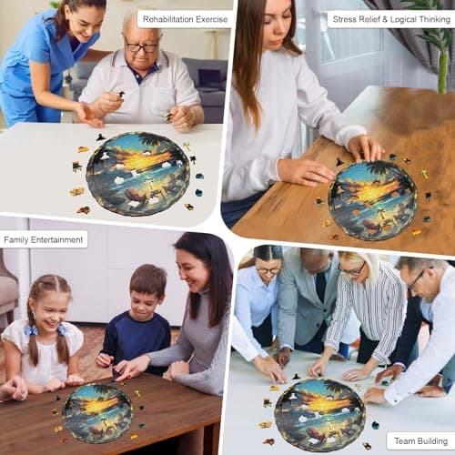 Wooden Puzzle for Adults, Sunset Beach Wooden Jigsaw Puzzle, Unique Shape Wooden Puzzles 200 Large Pieces, Challenging Outdoor Nature Scene Jigsaw Puzzles, Beatiful Artwork Wall Decor 11 * 10.9in - Thumbnail 3
