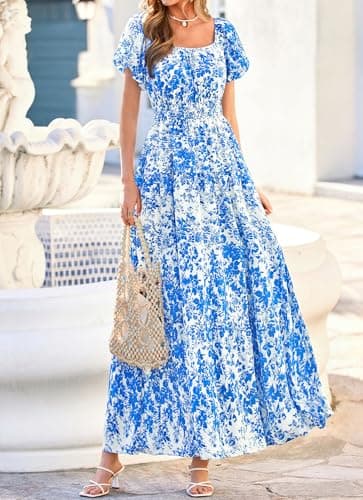 BTFBM Summer Dress for Women 2026 Spring Floral Short Sleeve Casual Flowy A-Line Smocked Tiered Maxi Dresses Pockets(Leaf Blue, Large) - Thumbnail 6