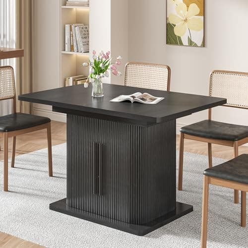 Extendable Black Dining Table for 4-6, 47-65 Inch Rectangle Dining Room Kitchen Table with Large Storage, Wood Sliding Door, Mid Century Modern Dinner Furniture, Fluted, Space Saving, Living Room - Thumbnail 5