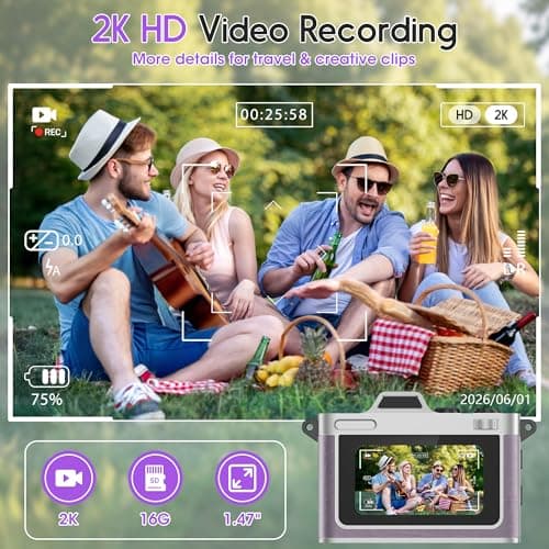 Dienspeak Portable Mini Digital Camera, Small Keychain Retro Camera for Kids Adults, Tiny Pocket Size 2K HD Video Recorder with 16GB Card, Cute Vintage Camcorder for Travel Camp Memories, Purple - Thumbnail 4