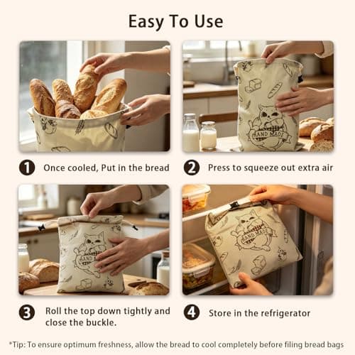 Beeswax Bread Bags for Homemade Bread & Sourdough, 2 Pack XL 16.4x12.8 in Linen Organic Bread Storage with Cat Pattern, Keeps Fresh Longer - Thumbnail 5