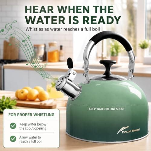 Tinlon Enamel 2.5 Qt Whistling Tea Kettle for Stovetop, Green - Thumbnail 5
