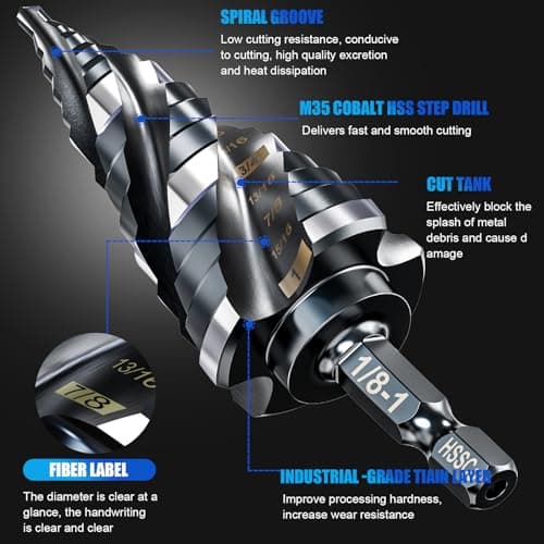 Four Spiral Flute M35 Step Drill Bit Set 1/4"-1"(3 pcs 30 Sizes), 1/4" Shank for Metal Step Drill bit, Impact Resistant Cobalt Step Drill Bit, for Stainless Steel, Wood, Aluminum, Plastic - Thumbnail 3