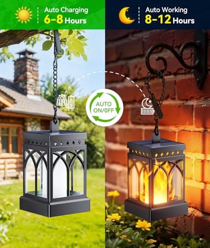 KOOPER 4 Pack Solar Lanterns Outdoor Waterproof, Upgraded Flickering Flame Modes + Constant Modes Hanging Solar Lantern Lights for Outside, Lanterns Decorative Outdoor for Garden Table Yard Tree Decor - Thumbnail 6