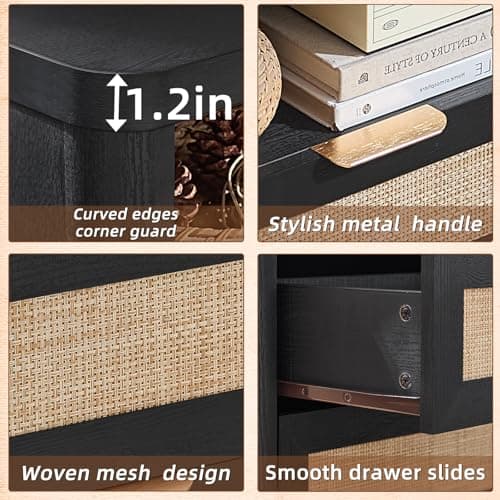 LEYAOYAO Rattan Nightstands with Charger Station, 23" Wide Boho Night Stand with 2 Drawers, Black Bedside Table Open Shlef, Bed Side End Table Dresser for Bedroom, Living Room Hallway - Thumbnail 6