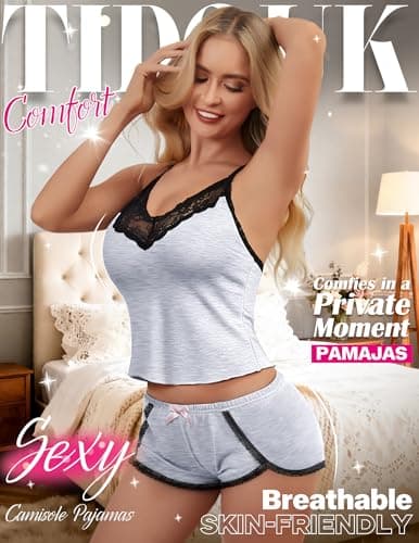 Tidouk Women Pajama Sets 2 Piece Sexy Pajamas Elastic Waist Lace Nightwear Cami and Short Set(Gray,Small) - Thumbnail 4