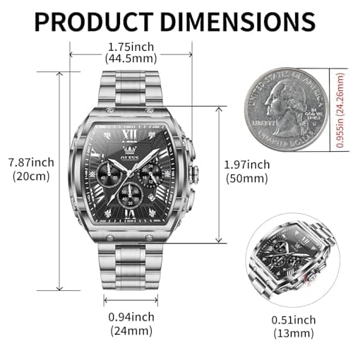 OLEVS Watch Men Luxury Black Big Face Square Silver Stainless Steel Chronograph Waterproof Mens Watches Tonneau Luminous Quartz Work Analog Dress Wrist Watches for Men Relojes para Hombres - Thumbnail 2