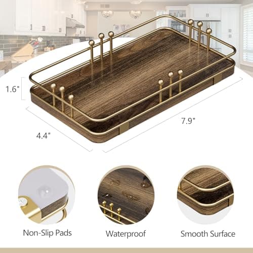 Pursura Bathroom Vanity Tray for Toiletries Makeup Perfume Candle Toilet Tank, Kitchen Tray for Soap Dispenser Spice Salt, Small Tray for Countertop Decor Coffee Nightstand 7.9”x4.4” Brown-Gold - Thumbnail 2