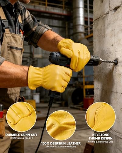 OZERO Leather Work Gloves: Mens Deerskin Gloves for Men & Women (Gold, XL) - Thumbnail 4