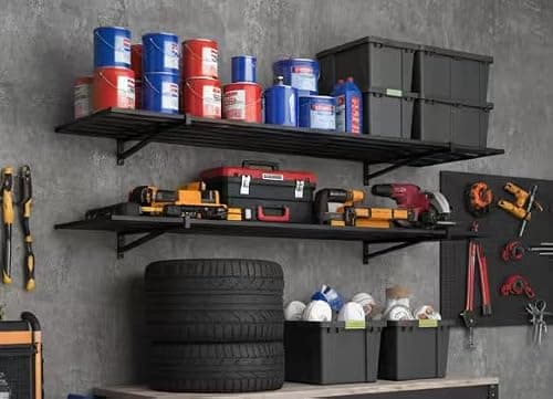 HDDFER 2-Pack 2x4ft Garage Shelving Wall Mounted, 24x43 inch Wall Shelf Heavy Duty Garage Storage Shelves Floating Shelves with Hooks, 500LB Capacity - Thumbnail 4