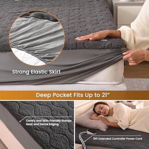Bearhug Electric Heated Mattress Pads Full Size 54”×75” Sherpa Bed Warmer with 21” Deep Pocket 10 Heat Settings 12-Hour Timer Machine Washable Gray - Thumbnail 3