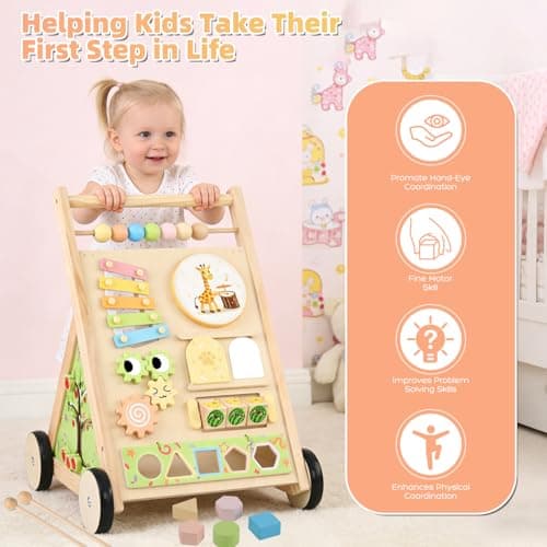 Wooden Baby Walker with Wheels Baby Push Walker for Boys Girls 6-12 Months Wooden Walker Activity Center Walking Toys for 1 Year Old Learning to Walk Sit to Stand Walker for Baby 12-18 Months Push Toy - Thumbnail 6