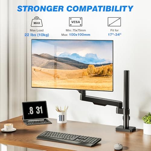 Single Monitor Arm Desk Mount, Adjustable Extra Long Monitor Stand for 17-34 Inch Screens, Hold up to 22 lbs, VESA 75/100mm Mount with Tilt, Swivel, Rotation - Thumbnail 2