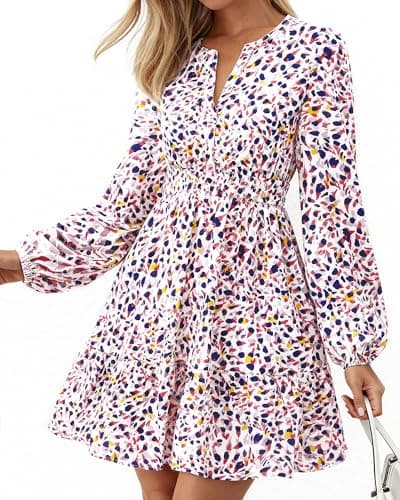 BTFBM Spring Dresses for Women 2026 Mini Long Sleeve Elastic Waist Summer Vacation Outfits Floral Wedding Guest Dress(Floral Purple Red, Medium) - Image 1
