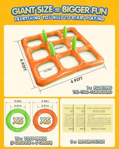 Pacifoo Pool Toys for Adults Kids - Giant 4.9FT Inflatable Tic Tac Toe Game Outdoor 2-in-1 Ring Toss, Floating Pool Party Games for Family Beach Backyard Ages 8+ (2-10 Players) - Thumbnail 4