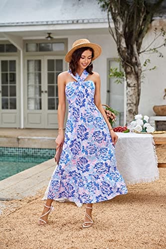 GRACE KARIN Womens Summer Floral Dresses 2026 Boho Maxi Dress Flowy Halter Sundress Casual Vacation Beach Clothes with Pocket Bluishviolet M - Thumbnail 2