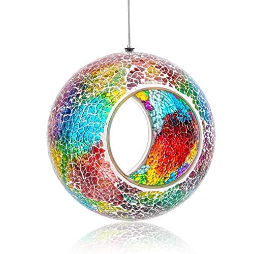 VCUTEKA Bird Feeder Mosaic Fly Through Bird Feeders for Outside Hanging with Round Shape Glass Container to Attract More Wild Birds for Garden, Yard, Backyard, Deck and Porch Decor, Purple 7-Inch - Image 1