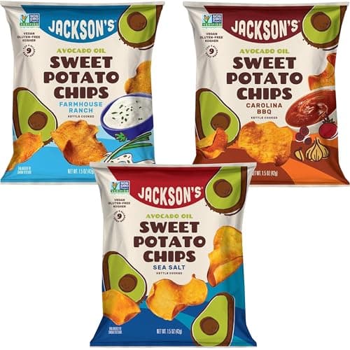 Jackson’s Sweet Potato Kettle Chips Avocado Oil Variety Pack made with Premium Oils (1.5 oz, Pack of 10) Sea Salt, Ranch and BBQ Flavors - Allergen-friendly, Gluten Free, Vegan