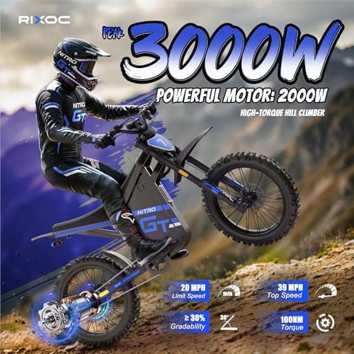 RIXOC GT19 Electric Dirt Bike for Adult,2500W Motor Peak 3000W,39MPH,52V 31.2Ah Removable Battery,62Mile Electric Motorcycle,19" Off-Road Tire E-Bike,Dual Hydraulic Brake, Full Suspension (Blue) - Thumbnail 2