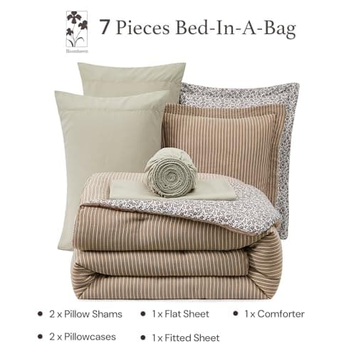 BLOOMHAVEN Full Comforter Set - 7 Pieces Dark Brown Bedding Sets for All Seasons, Lightweight Breathable Bed in a Bag Full with Revesible Farmhouse Comforter, Sheets, Pillowcases & Shams - Thumbnail 6