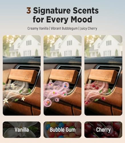 Natural Wooden Car Air Freshener for Vent Clips- Cherry/Vanilla/Bubblegum Scents, Long-Lasting Odor Eliminator with Metal Clip, 3 Refillable Wood Chips for Cars/Trucks/SUVs - Thumbnail 2