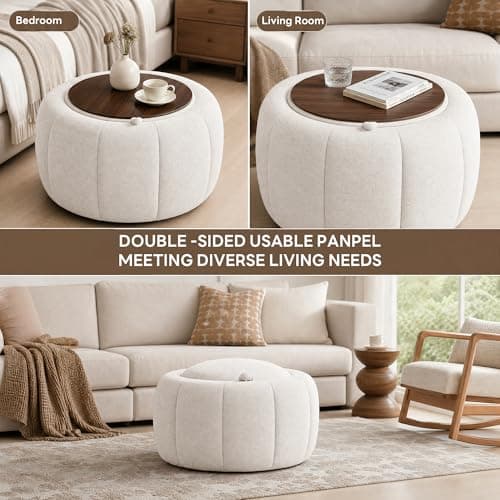 Tbfit Round Storage Ottoman with Hidden Storage, 27.2 x 27.2 x 15.8 Inches - Thumbnail 6
