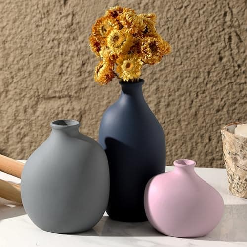Ceramic Vase Set of 3,Decorative Vases Home Decor, Small Modern Boho Rustic Farmhouse Pottery Vases for Pampas Grass Dried Fresh Flowers,Bedroom,Living Room,Bookshelf, Mantel，Centerpiece Table Decor - Thumbnail 6