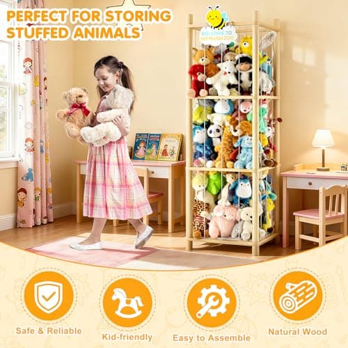 Hsenowi Stuffed Animal Storage Zoo Organizer Natural Pine Plushies Storage with Elastic Bands Vertical Wood Toy Holder Mesh Net Space Saving Design for Playroom Nursery Kids Bedroom - Thumbnail 4