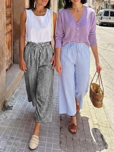 ANRABESS Womens Striped Gingham Palazzo Capri Pants Pajama Wide Leg Lounge Trousers Plaid Cute Crop PJ Bottoms with Pockets Black White Plaid X-Large - Thumbnail 6