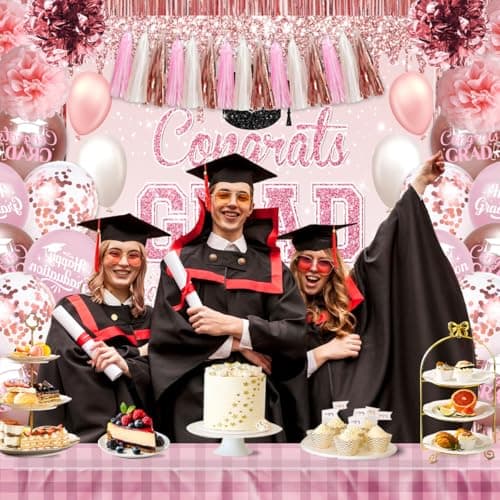 Graduation Decorations Class of 2026, Congrats Grad Backdrop, Graduation Balloons, Paper Pompoms, Paper Tassels, Foil Curtains for 2026 Graduation Party Decorations(Pink) - Thumbnail 4